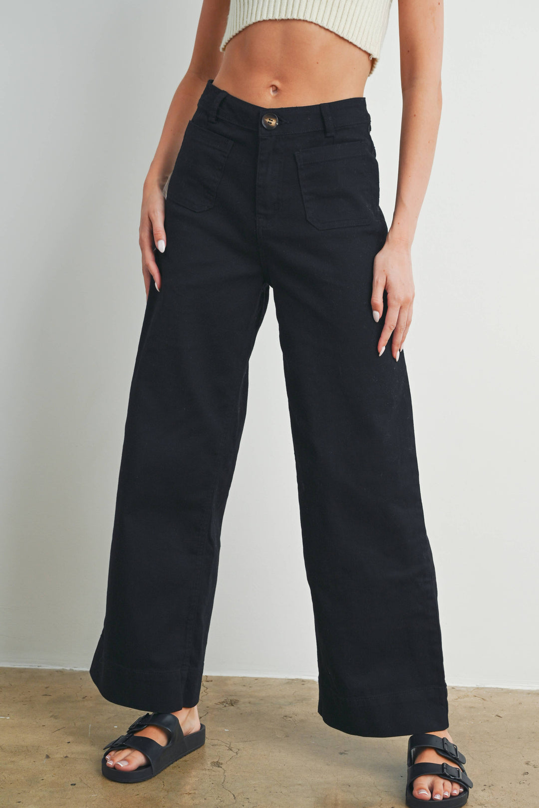 WIDE BOTTOM HEM FRONT POCKET WIDE WASHED PANTS