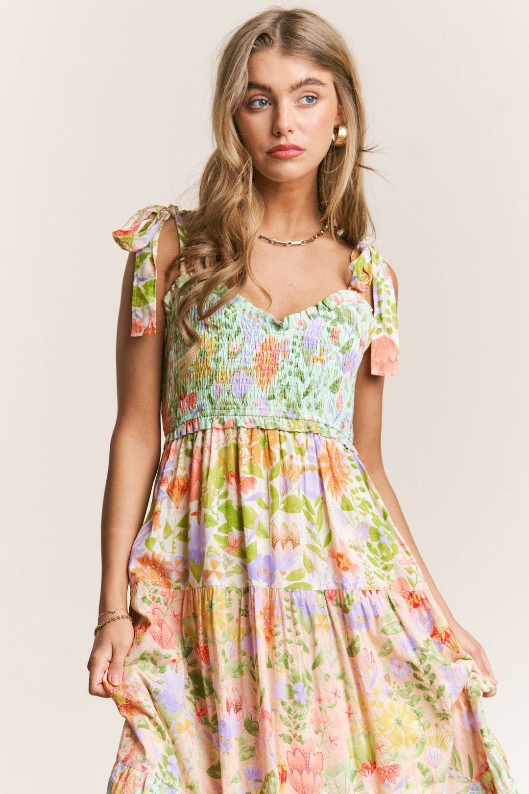 Smocked V-neck Tiered Multi Print Dress *preorder, will arrive