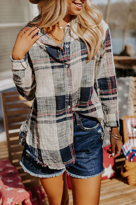 Lightweight Raw Hem Plaid Button Shirt