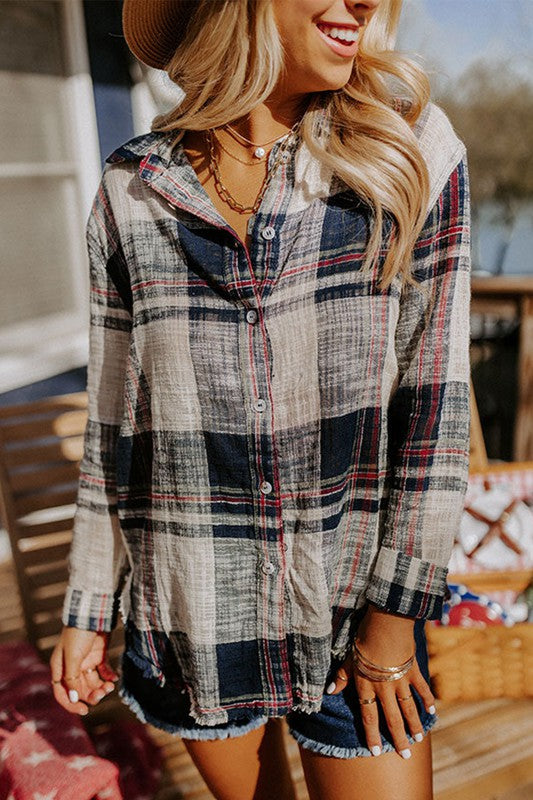 Lightweight Raw Hem Plaid Button Shirt