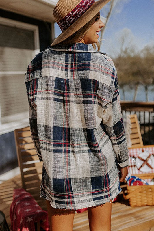 Lightweight Raw Hem Plaid Button Shirt