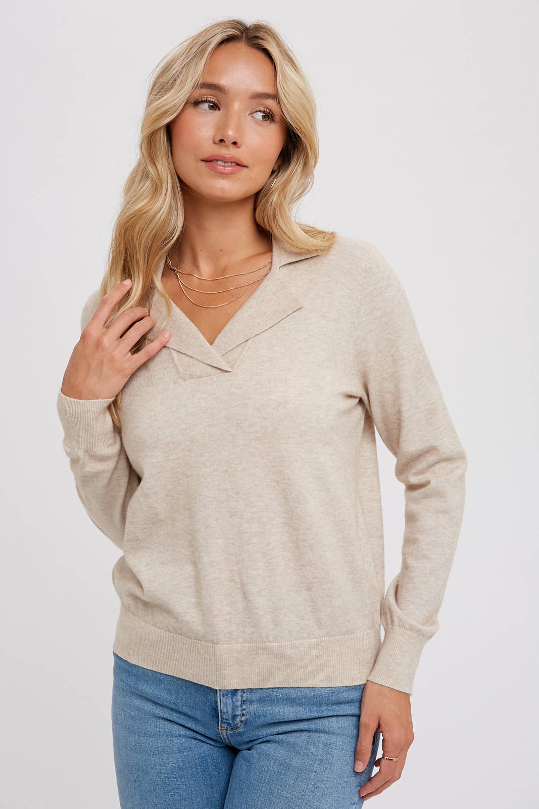 Notched Collar Pullover - Oatmeal