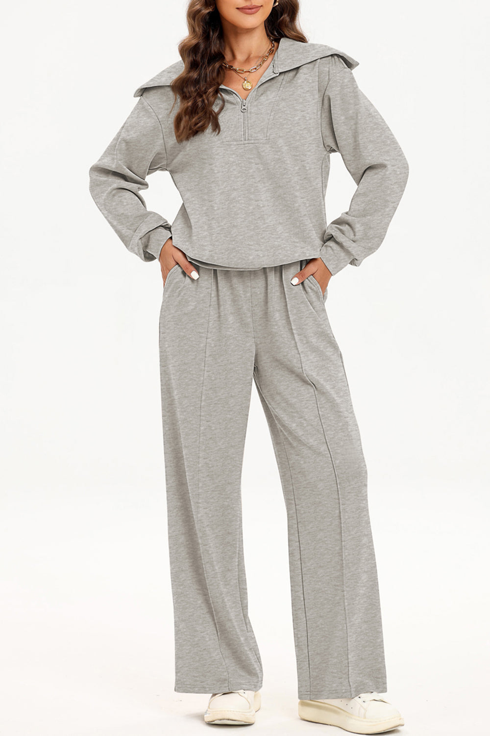 Half Zip Collared Neck Sweatshirt and Pants Set