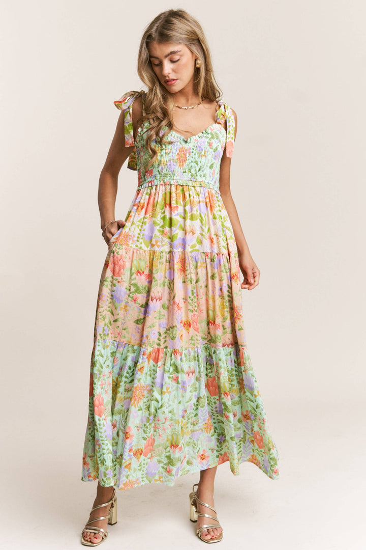 Smocked V-neck Tiered Multi Print Dress *preorder, will arrive