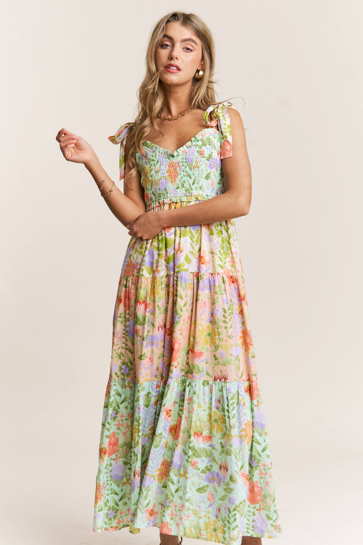 Smocked V-neck Tiered Multi Print Dress *preorder, will arrive