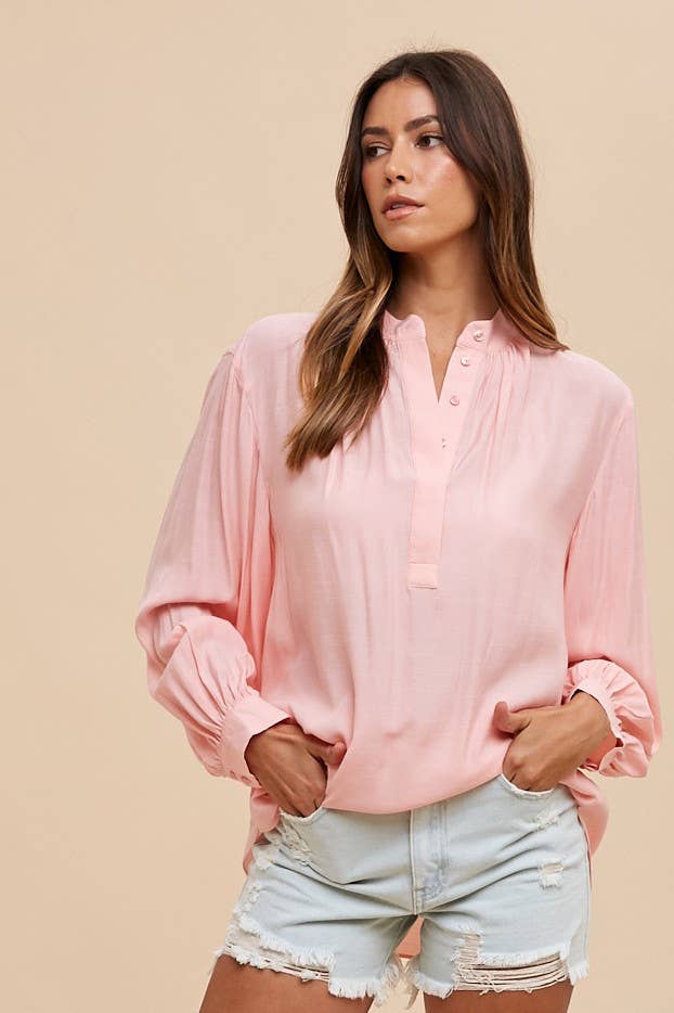 Woven Sleeve Blouse with Elastic Cuff Sleeves