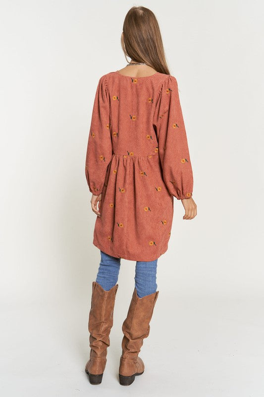 Corduroy Henley Style Mini Dress