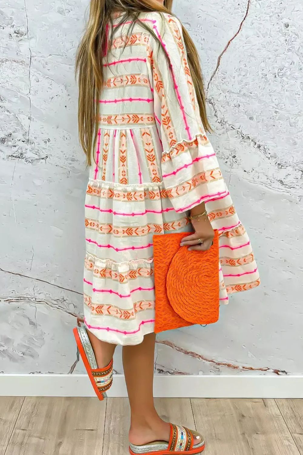 Printed Notch Long Sleeve Dress