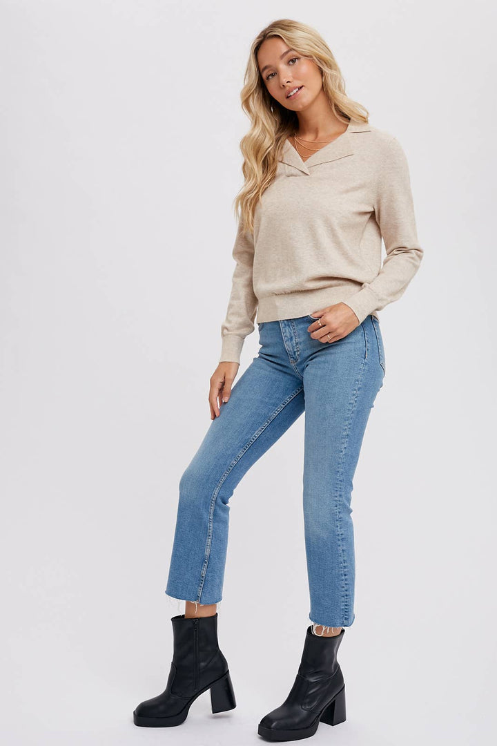 Notched Collar Pullover - Oatmeal