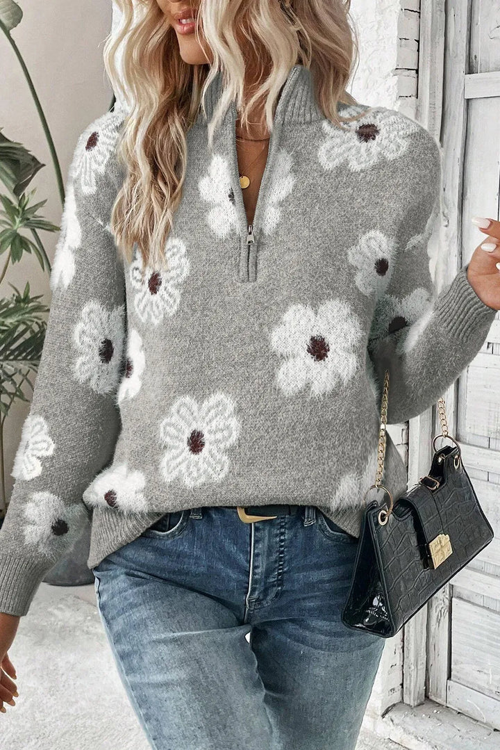 Half Zip Sweater w/ Flowers