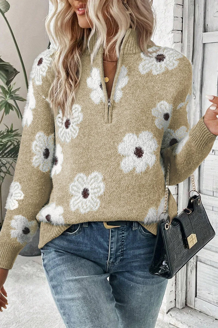 Half Zip Sweater w/ Flowers