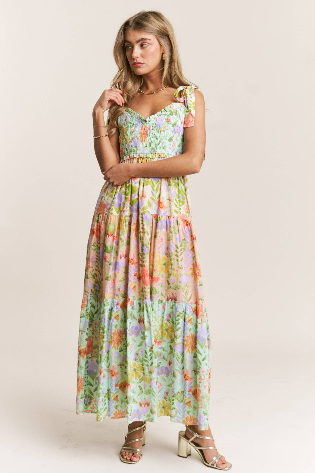 Smocked V-neck Tiered Multi Print Dress *preorder, will arrive