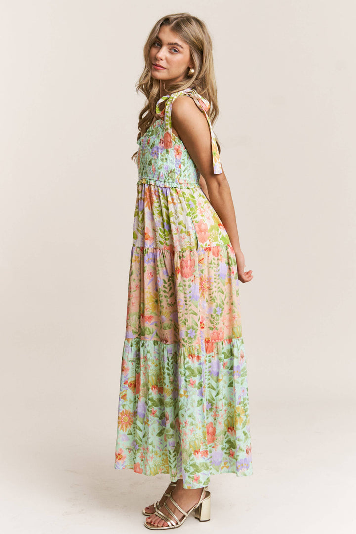 Smocked V-neck Tiered Multi Print Dress *preorder, will arrive