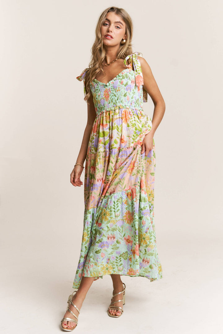 Smocked V-neck Tiered Multi Print Dress *preorder, will arrive