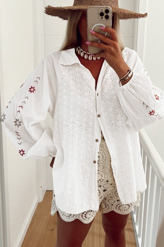 Embroidered Puff Sleeve Eyelet Patchwork Shirt