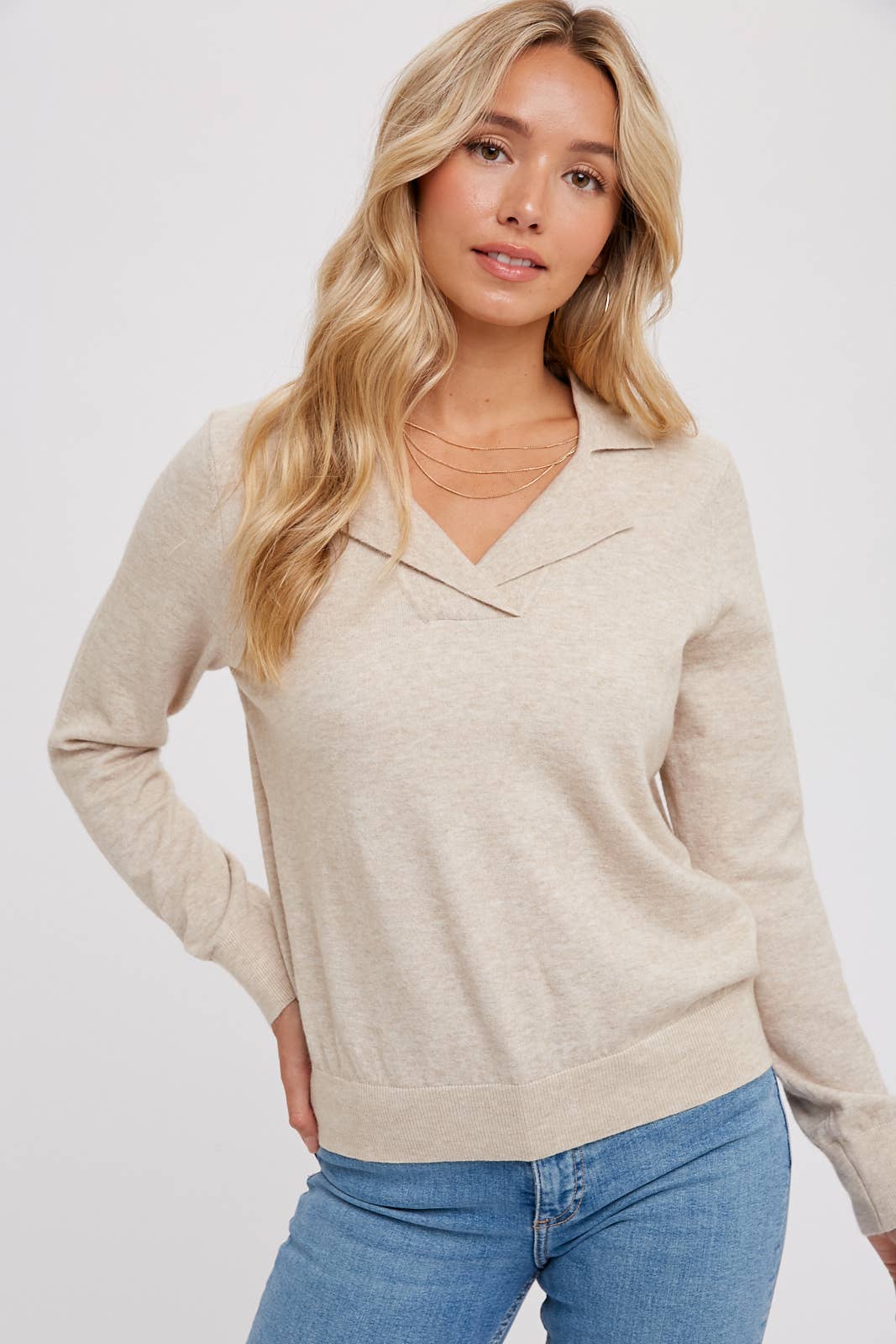 Notched Collar Pullover - Oatmeal