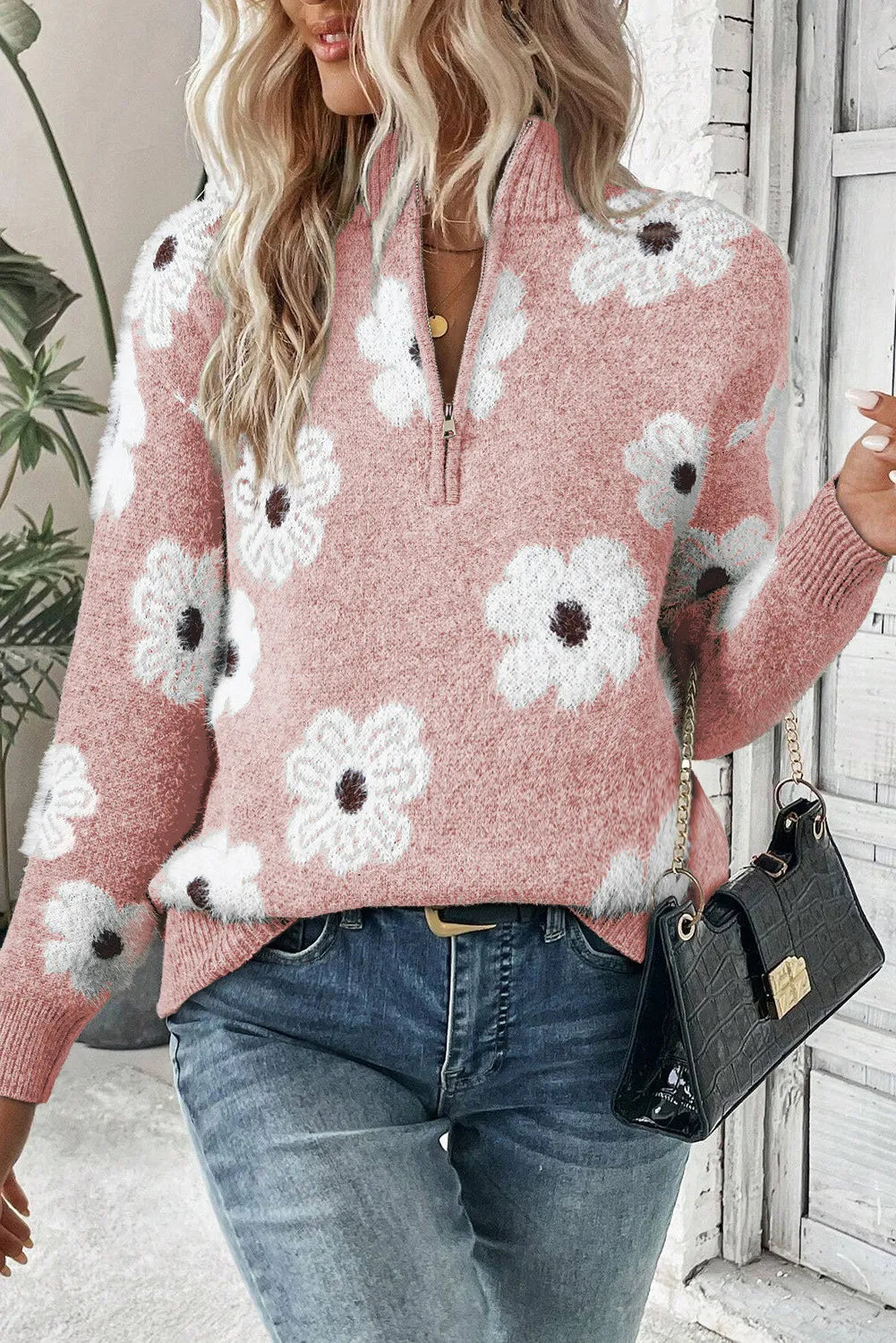 Half Zip Sweater w/ Flowers