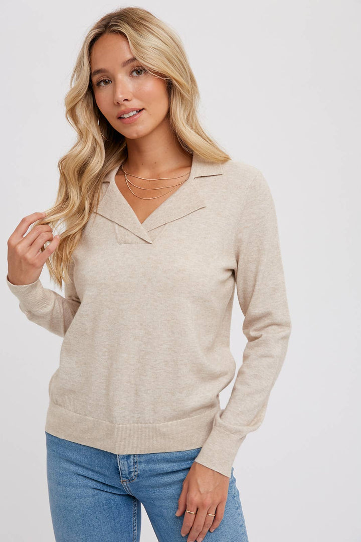 Notched Collar Pullover - Oatmeal