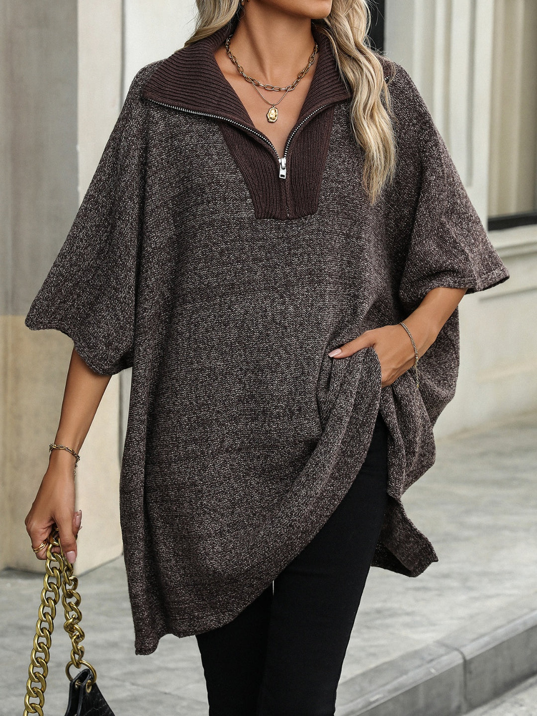 Quarter Zip Half Sleeve Sweater -  Oversized